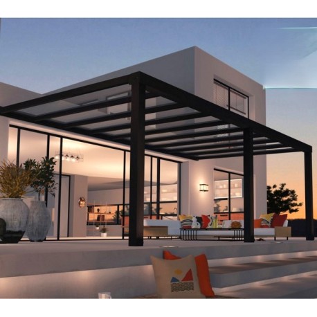 Stockholm 3.5x6.6m aluminium wall-mounted pergola Anthracite grey and Canopia transparent roof